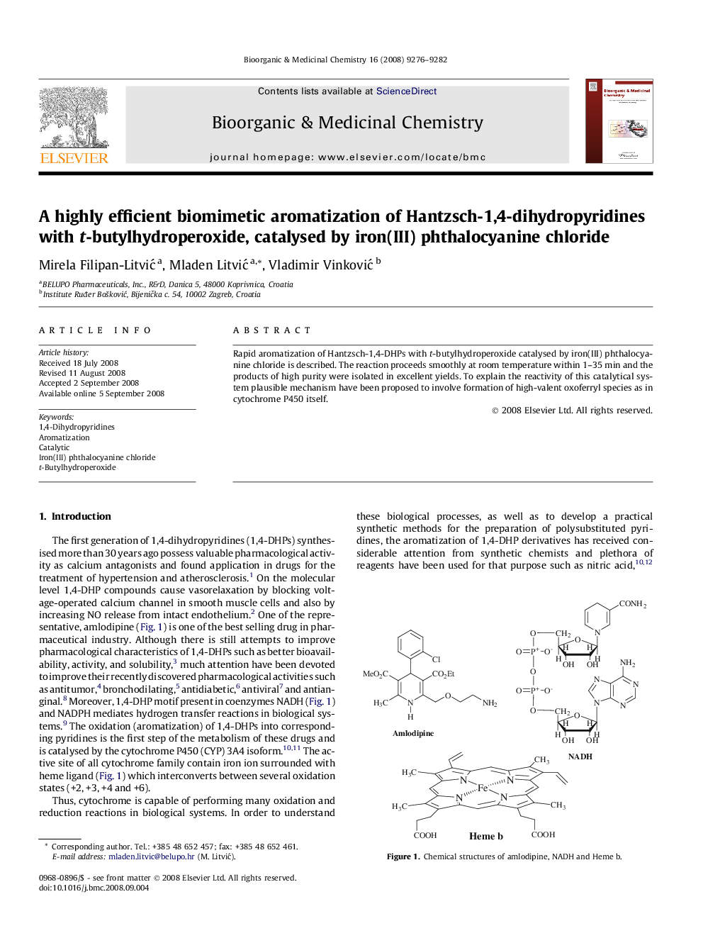 A highly efficient biomimetic aromatization of Hantzsch-1,4-dihydropyridines with t-butylhydroperoxide, catalysed by iron(III) phthalocyanine chloride