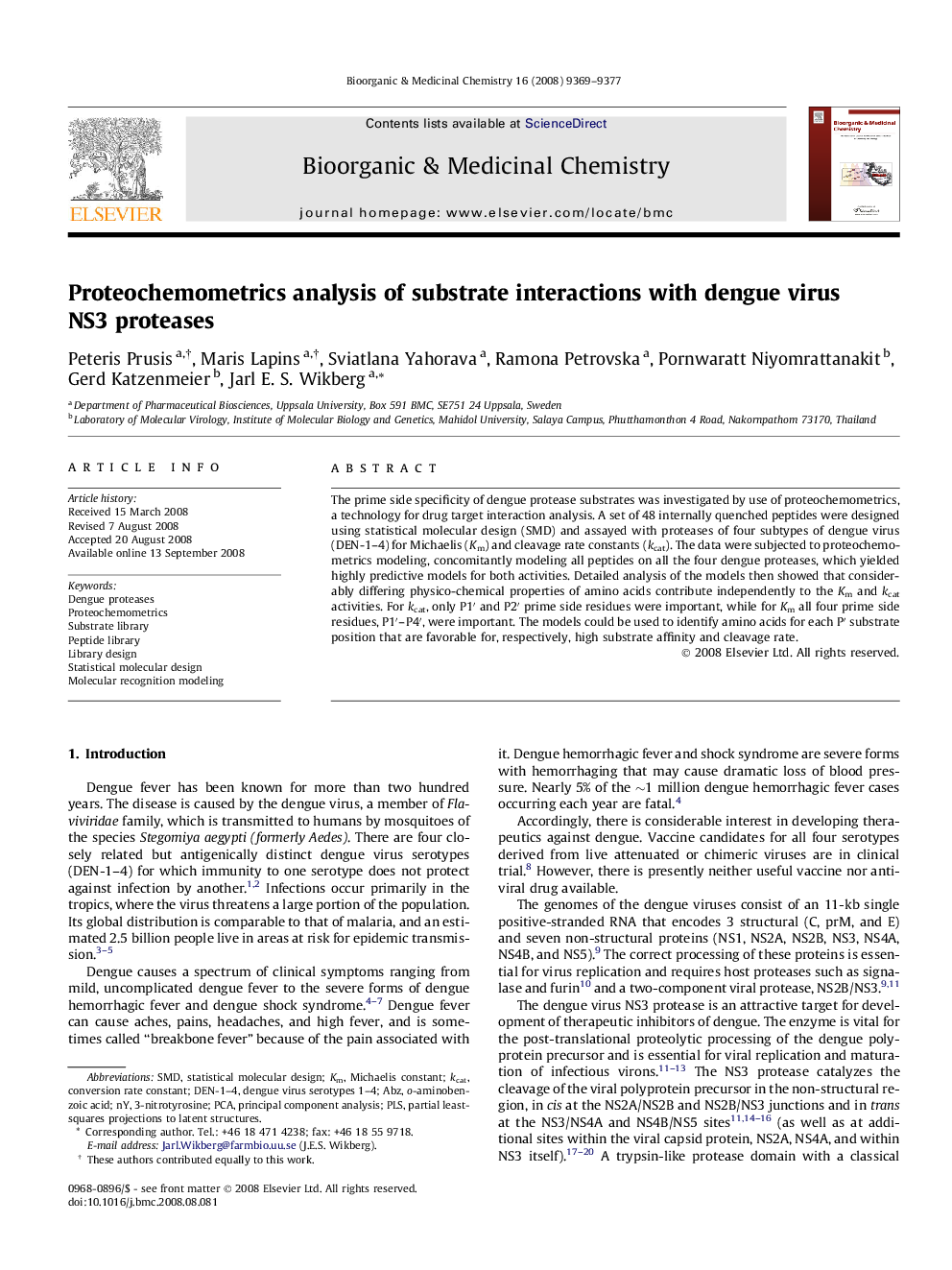 Proteochemometrics analysis of substrate interactions with dengue virus NS3 proteases