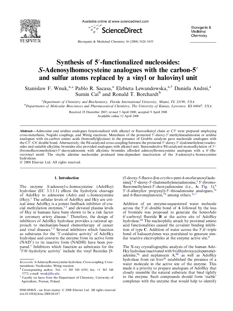 Synthesis of 5′-functionalized nucleosides: S-Adenosylhomocysteine analogues with the carbon-5′ and sulfur atoms replaced by a vinyl or halovinyl unit