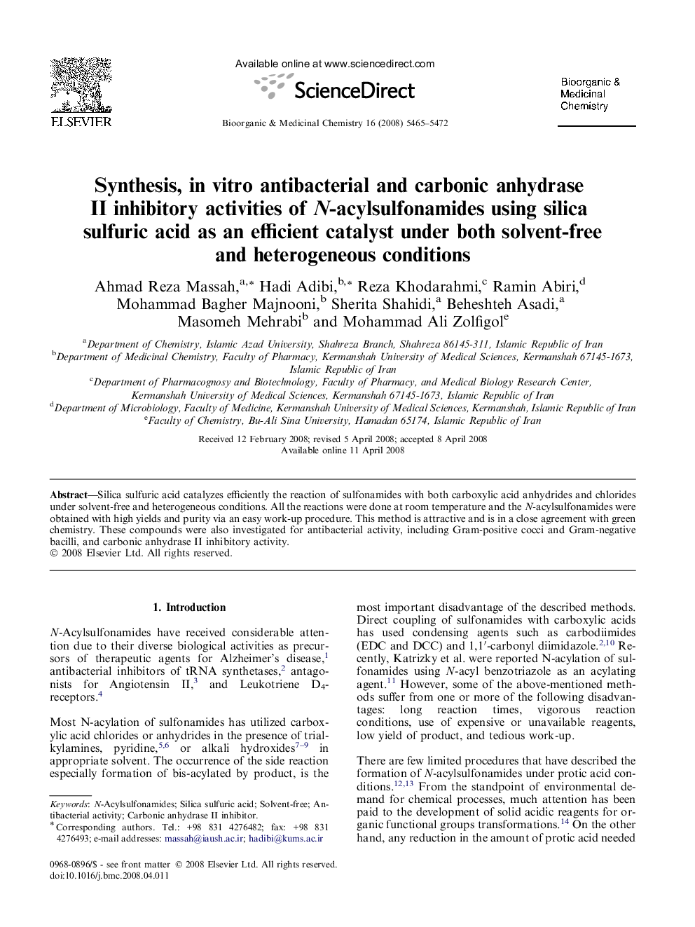 Synthesis, in vitro antibacterial and carbonic anhydrase II inhibitory activities of N-acylsulfonamides using silica sulfuric acid as an efficient catalyst under both solvent-free and heterogeneous conditions