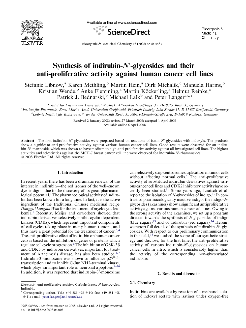 Synthesis of indirubin-N′-glycosides and their anti-proliferative activity against human cancer cell lines