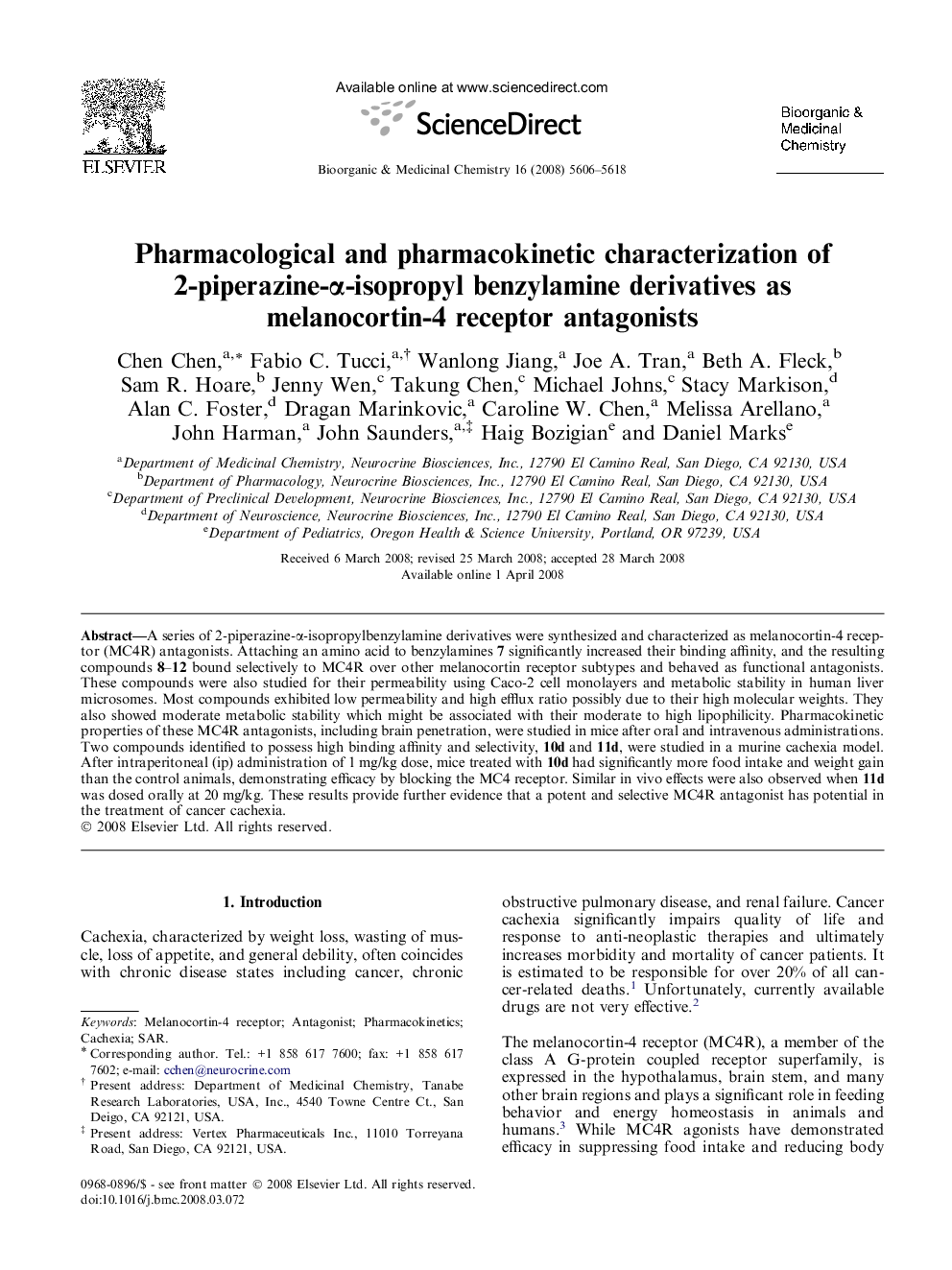 Pharmacological and pharmacokinetic characterization of 2-piperazine-α-isopropyl benzylamine derivatives as melanocortin-4 receptor antagonists