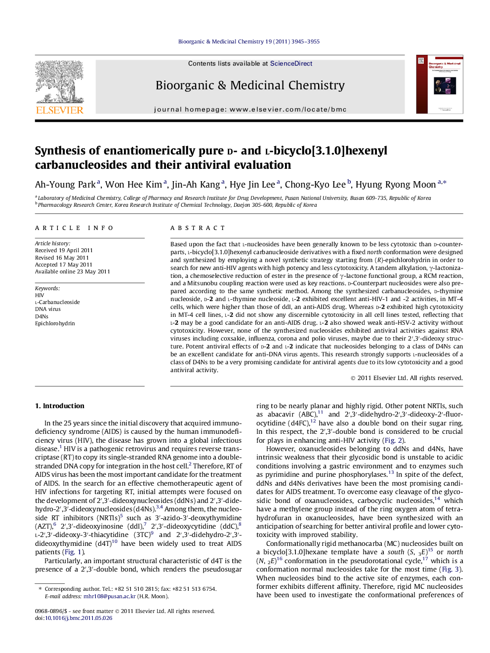 Synthesis of enantiomerically pure d- and l-bicyclo[3.1.0]hexenyl carbanucleosides and their antiviral evaluation