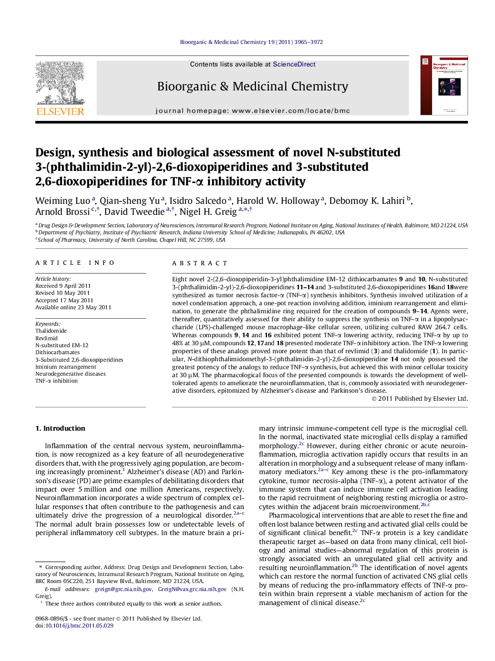 Design, synthesis and biological assessment of novel N-substituted 3-(phthalimidin-2-yl)-2,6-dioxopiperidines and 3-substituted 2,6-dioxopiperidines for TNF-α inhibitory activity