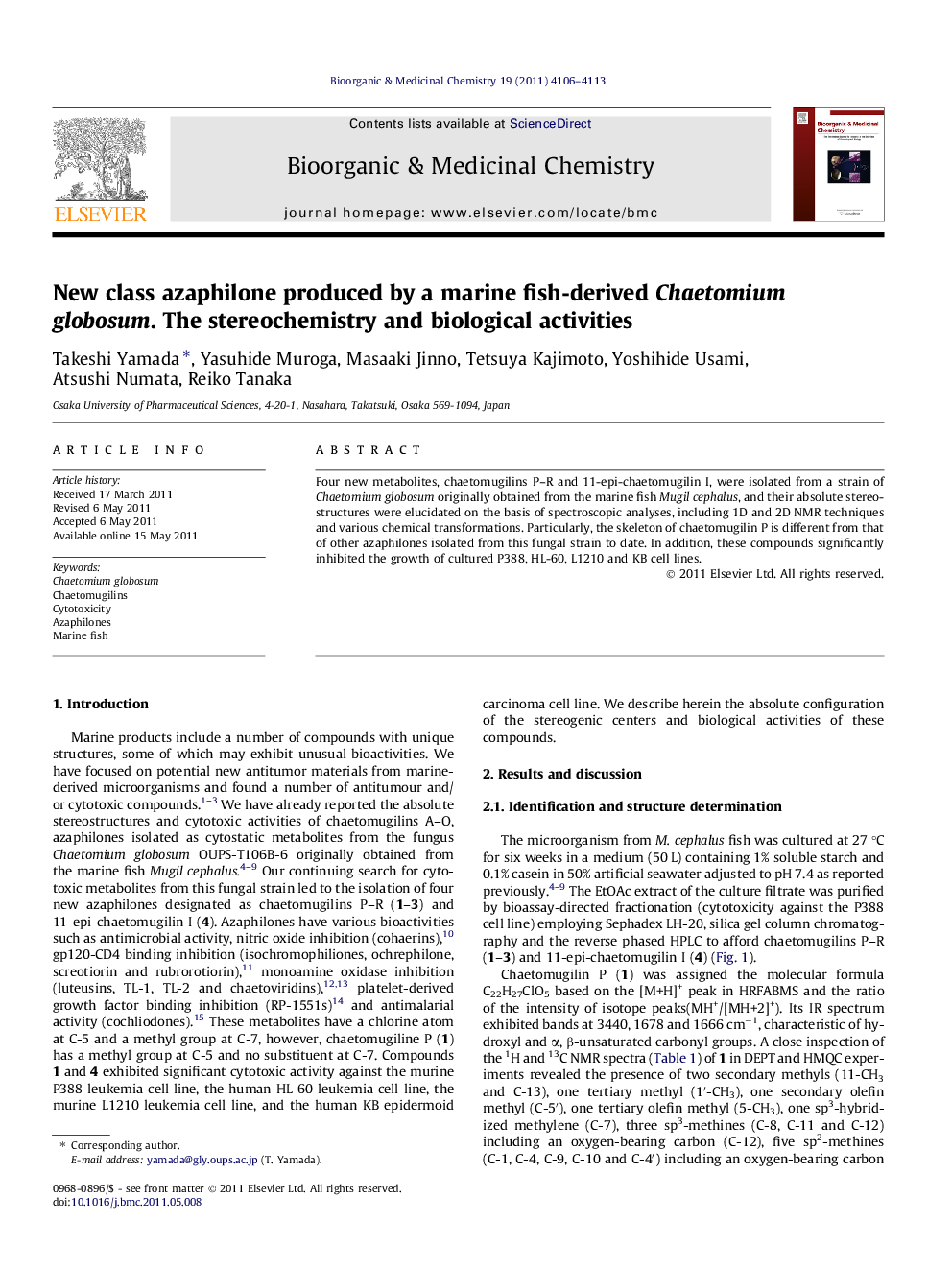 New class azaphilone produced by a marine fish-derived Chaetomiumglobosum. The stereochemistry and biological activities