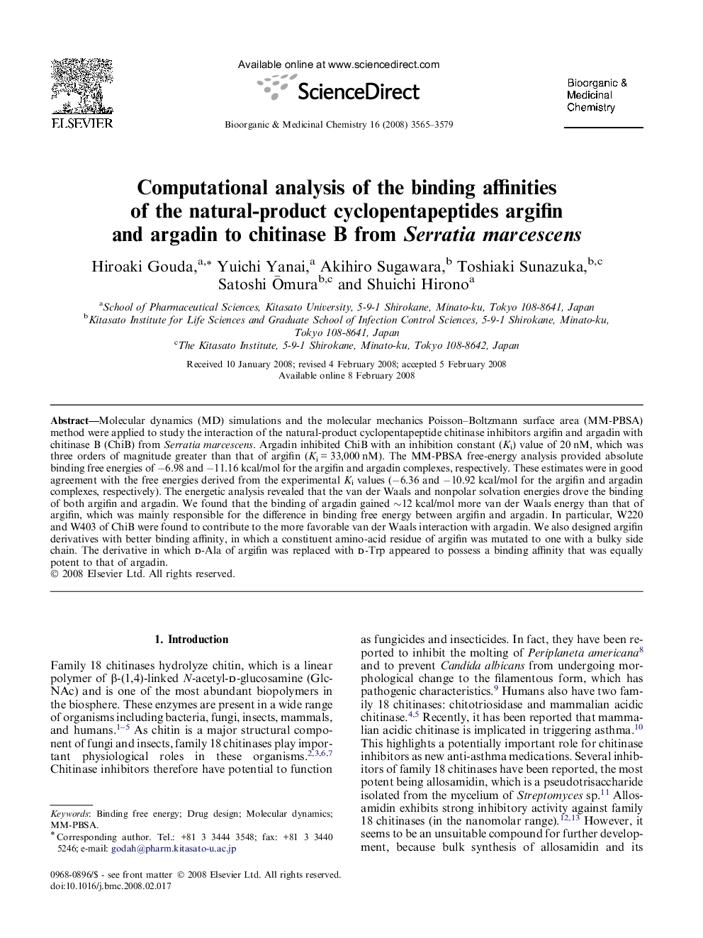 Computational analysis of the binding affinities of the natural-product cyclopentapeptides argifin and argadin to chitinase B from Serratia marcescens