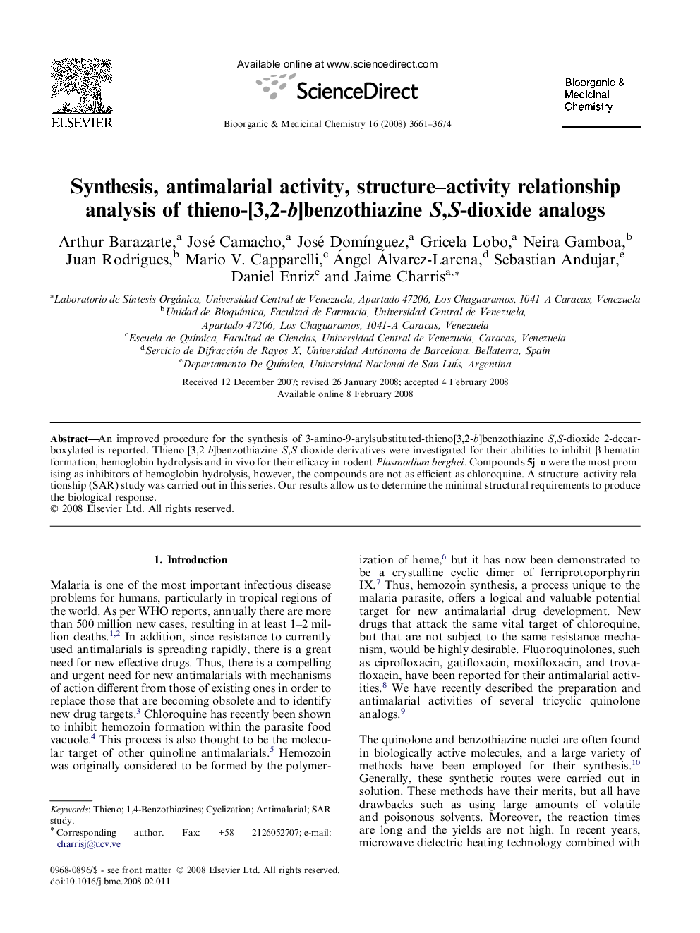 Synthesis, antimalarial activity, structure-activity relationship analysis of thieno-[3,2-b]benzothiazine S,S-dioxide analogs