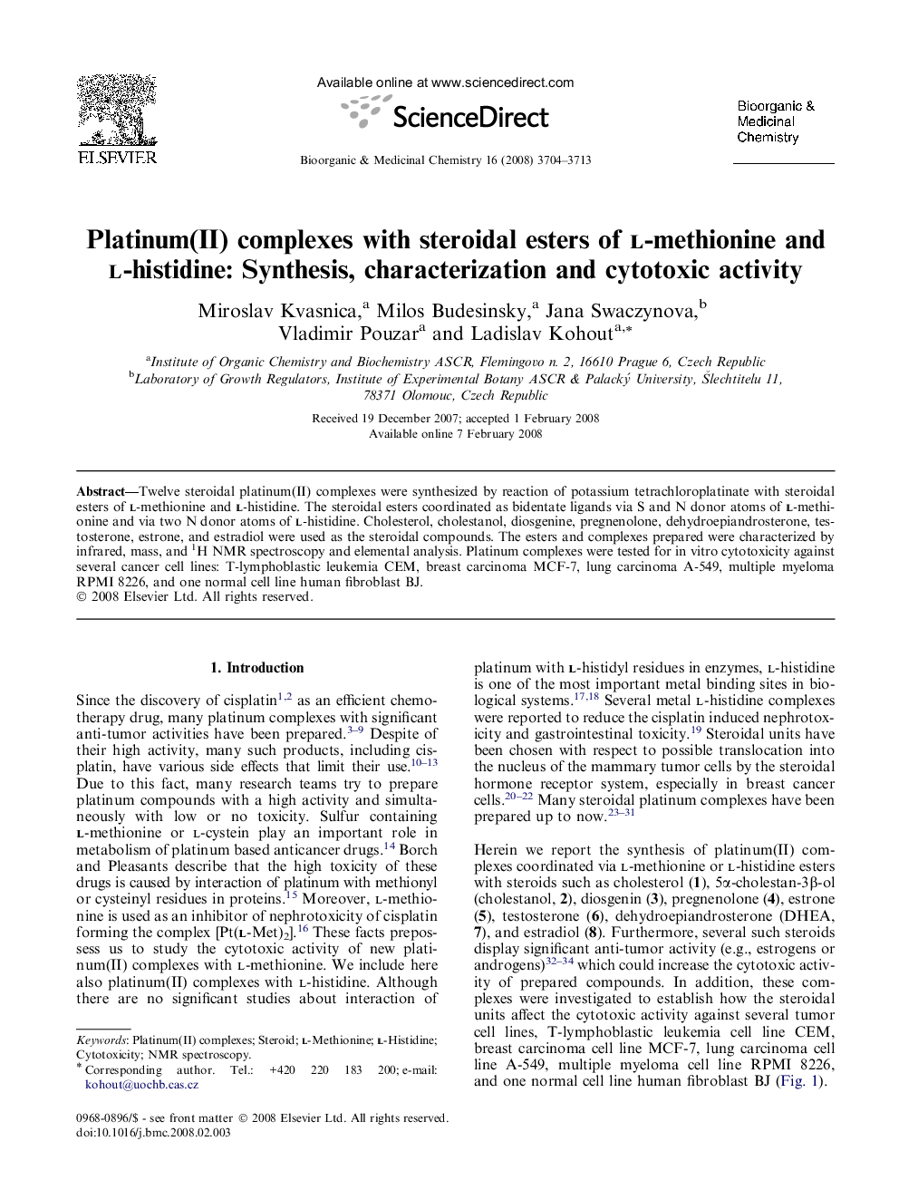 Platinum(II) complexes with steroidal esters of l-methionine and l-histidine: Synthesis, characterization and cytotoxic activity