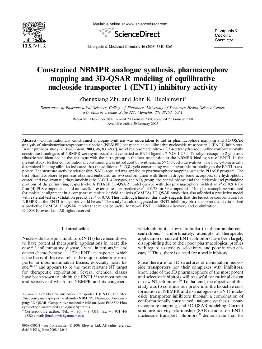 Constrained NBMPR analogue synthesis, pharmacophore mapping and 3D-QSAR modeling of equilibrative nucleoside transporter 1 (ENT1) inhibitory activity