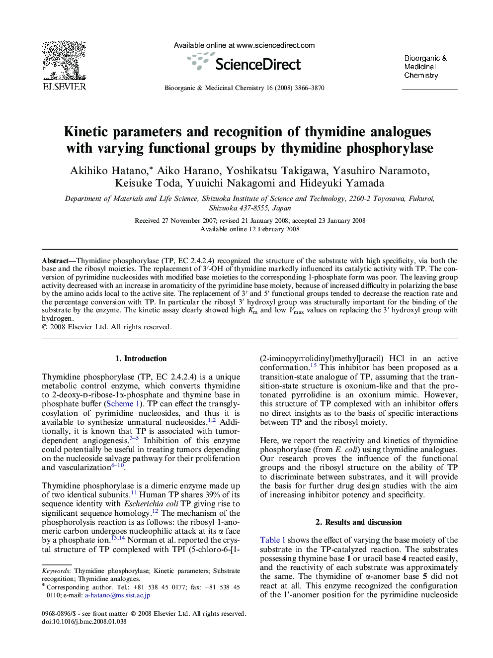 Kinetic parameters and recognition of thymidine analogues with varying functional groups by thymidine phosphorylase