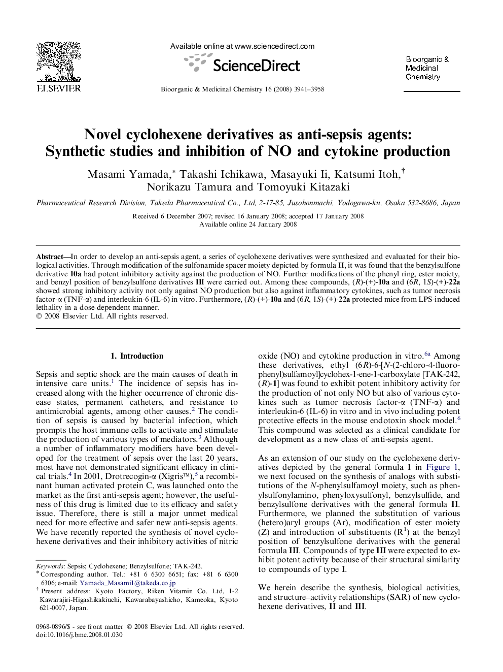 Novel cyclohexene derivatives as anti-sepsis agents: Synthetic studies and inhibition of NO and cytokine production