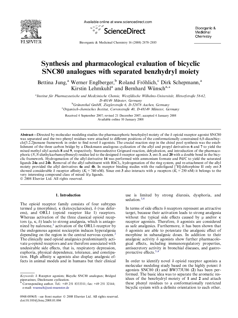 Synthesis and pharmacological evaluation of bicyclic SNC80 analogues with separated benzhydryl moiety