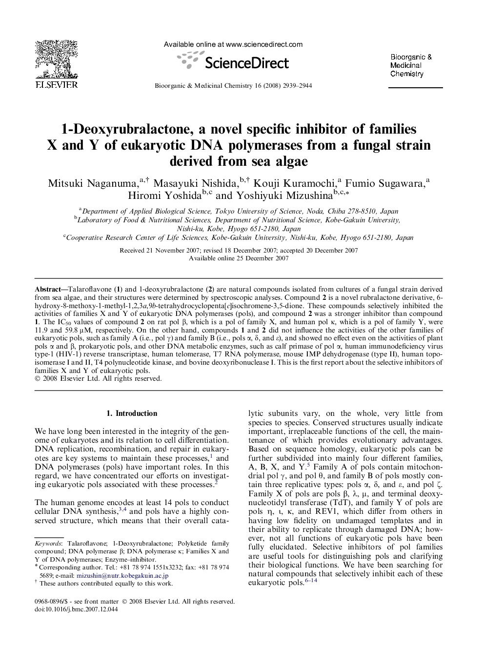 عکس صفحه اول مقاله: 1-Deoxyrubralactone, a novel specific inhibitor of families X and Y of eukaryotic DNA polymerases from a fungal strain derived from sea algae 1-Deoxyrubralactone, a novel specific inhibitor of families X and Y of eukaryotic DNA polymerases from a fungal strain derived from sea algae