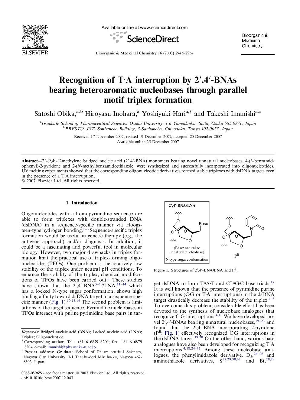 Recognition of TÂ·A interruption by 2â²,4â²-BNAs bearing heteroaromatic nucleobases through parallel motif triplex formation