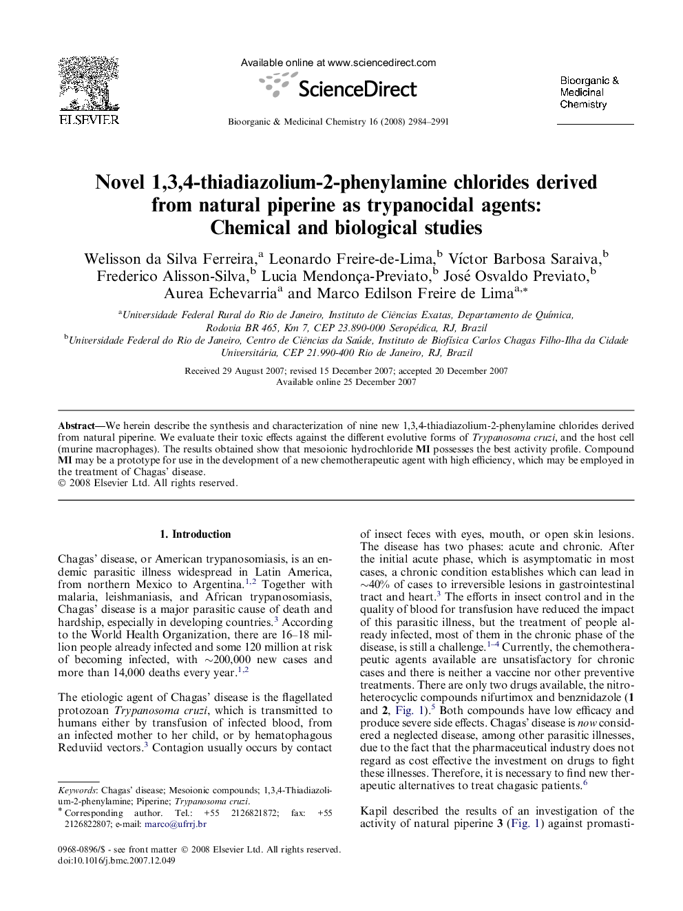 عکس صفحه اول مقاله: Novel 1,3,4-thiadiazolium-2-phenylamine chlorides derived from natural piperine as trypanocidal agents: Chemical and biological studies Novel 1,3,4-thiadiazolium-2-phenylamine chlorides derived from natural piperine as trypanocidal agents: Chemical and biological studies