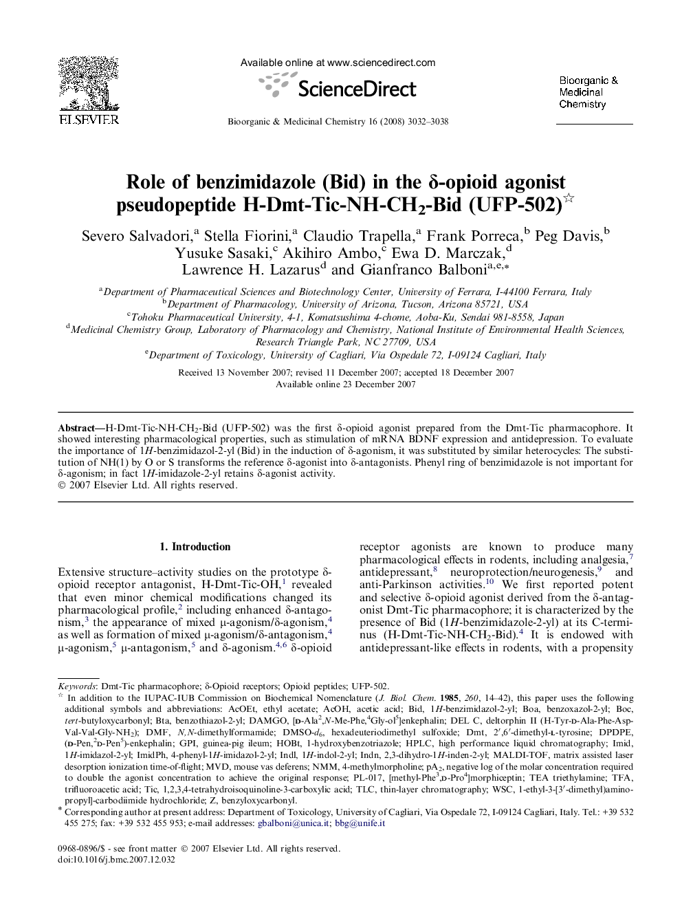 عکس صفحه اول مقاله: Role of benzimidazole (Bid) in the δ-opioid agonist pseudopeptide H-Dmt-Tic-NH-CH2-Bid (UFP-502) Role of benzimidazole (Bid) in the δ-opioid agonist pseudopeptide H-Dmt-Tic-NH-CH2-Bid (UFP-502)