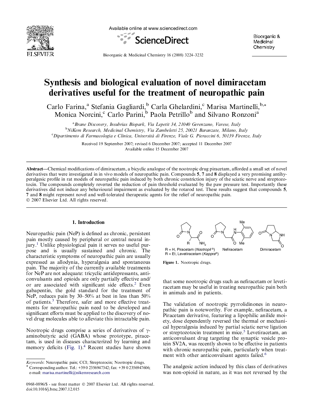 Synthesis and biological evaluation of novel dimiracetam derivatives useful for the treatment of neuropathic pain