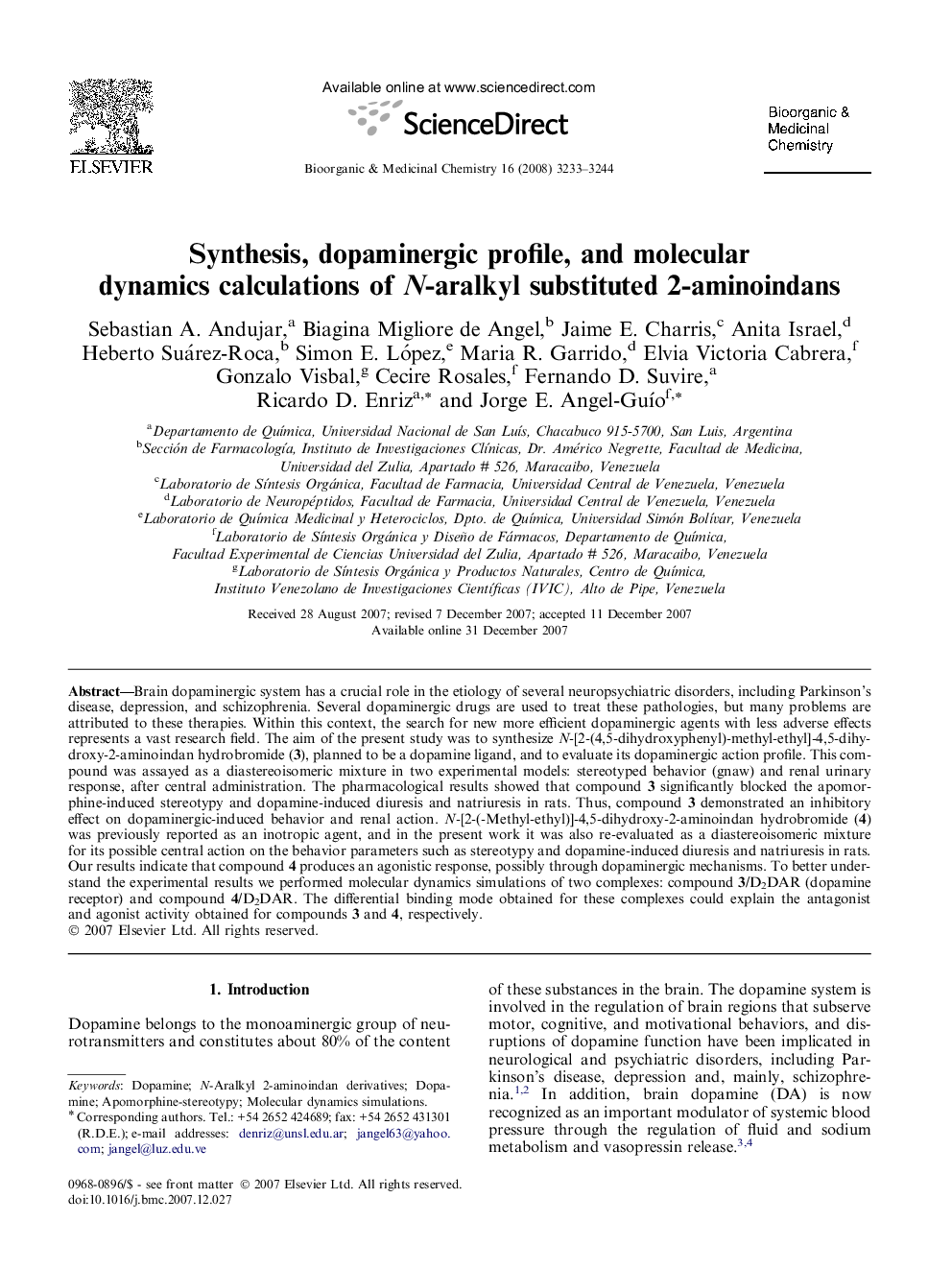 عکس صفحه اول مقاله: Synthesis, dopaminergic profile, and molecular dynamics calculations of N-aralkyl substituted 2-aminoindans Synthesis, dopaminergic profile, and molecular dynamics calculations of N-aralkyl substituted 2-aminoindans