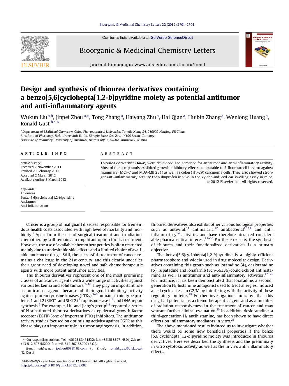 Design and synthesis of thiourea derivatives containing a benzo[5,6]cyclohepta[1,2-b]pyridine moiety as potential antitumor and anti-inflammatory agents