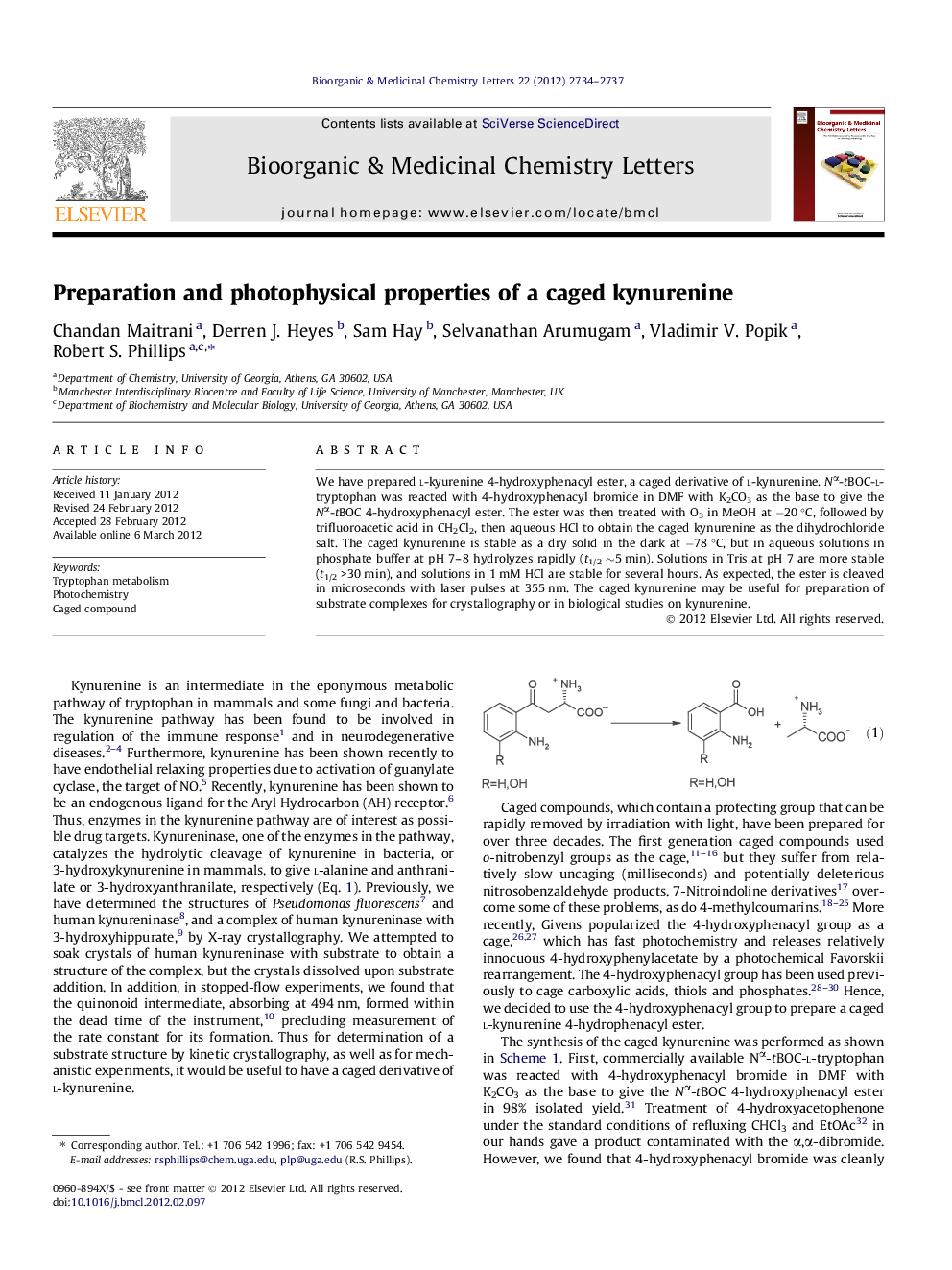 Preparation and photophysical properties of a caged kynurenine