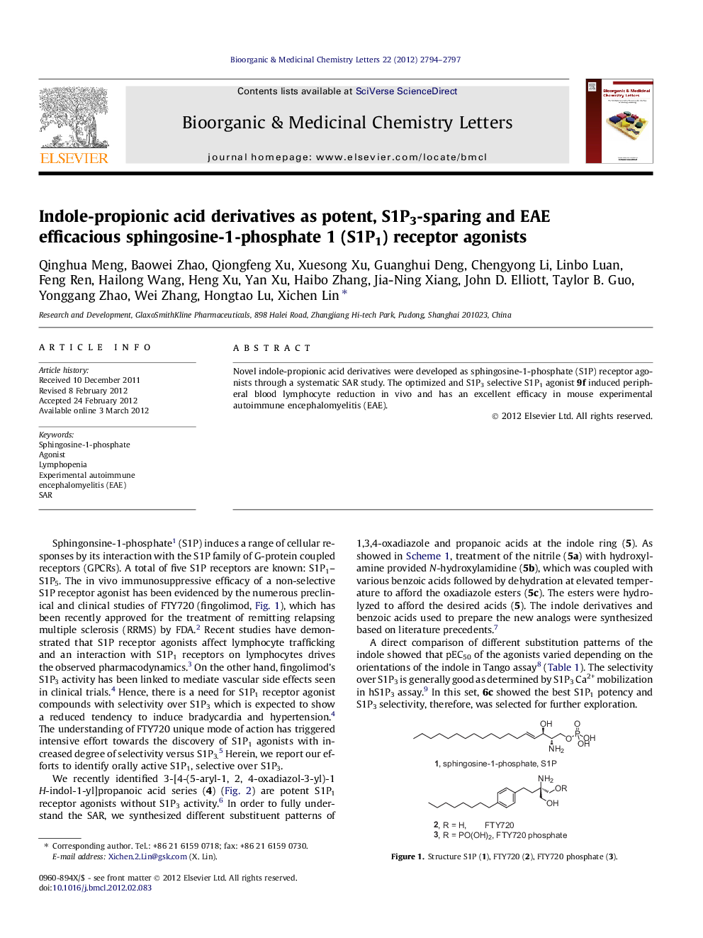 Indole-propionic acid derivatives as potent, S1P3-sparing and EAE efficacious sphingosine-1-phosphate 1 (S1P1) receptor agonists