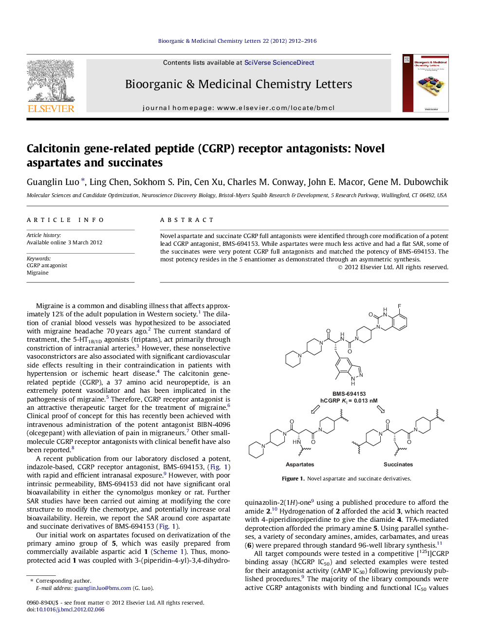 Calcitonin gene-related peptide (CGRP) receptor antagonists: Novel aspartates and succinates