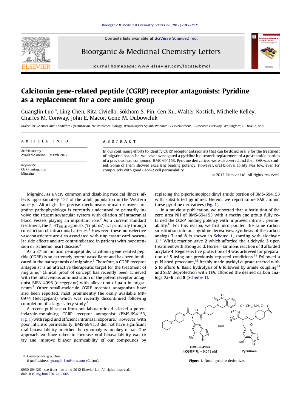 Calcitonin gene-related peptide (CGRP) receptor antagonists: Pyridine as a replacement for a core amide group