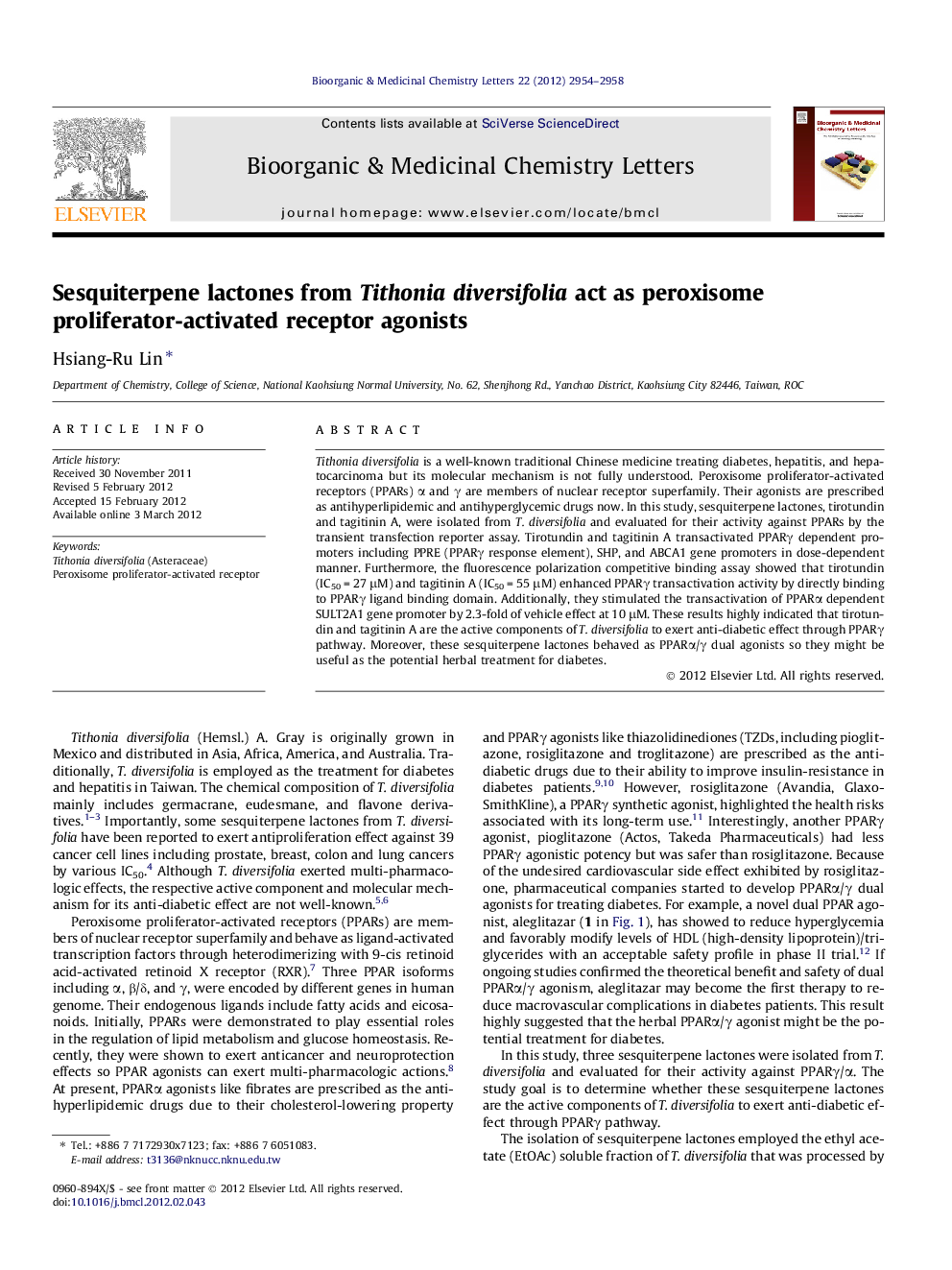 Sesquiterpene lactones from Tithonia diversifolia act as peroxisome proliferator-activated receptor agonists