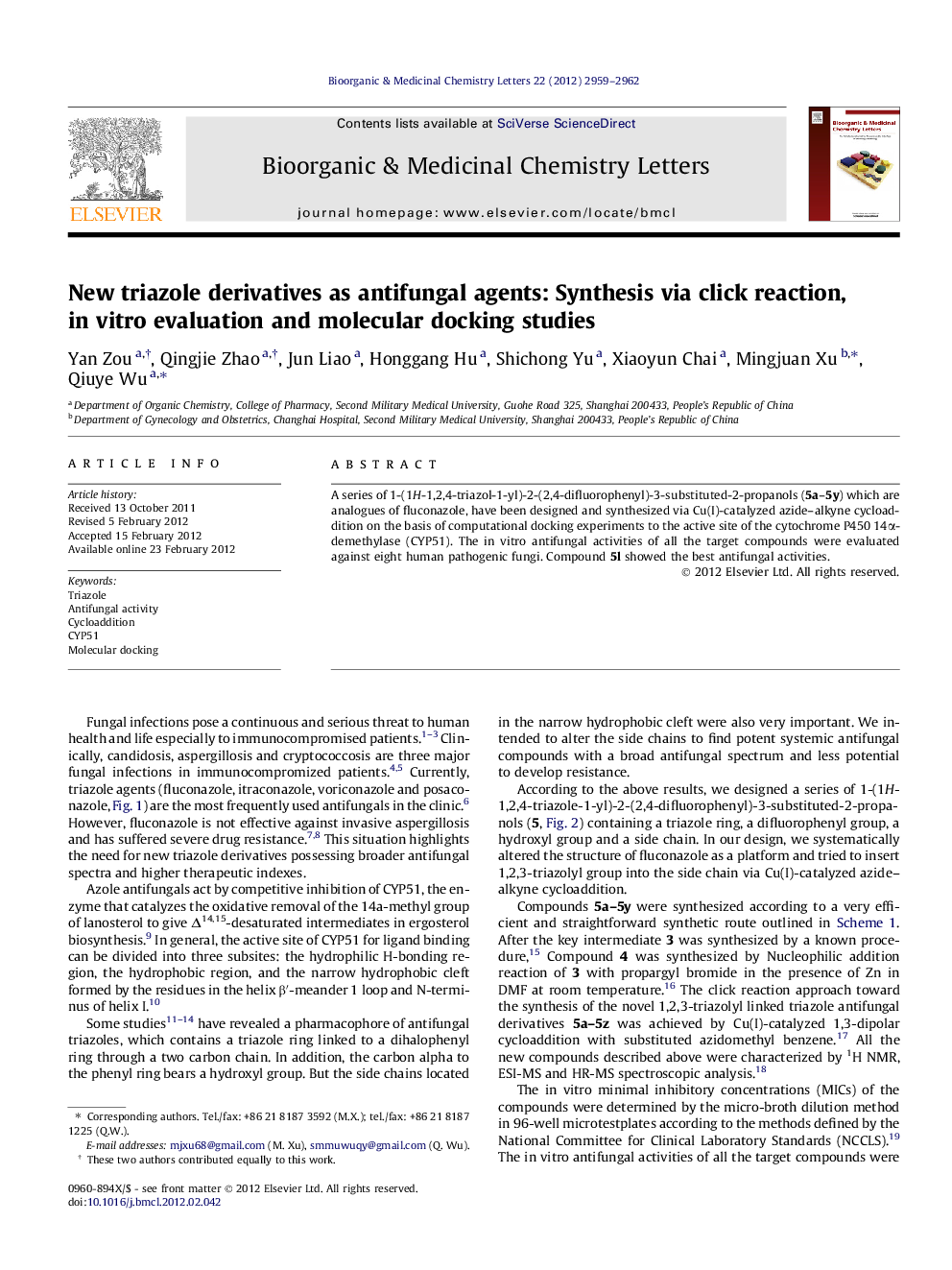 New triazole derivatives as antifungal agents: Synthesis via click reaction, in vitro evaluation and molecular docking studies