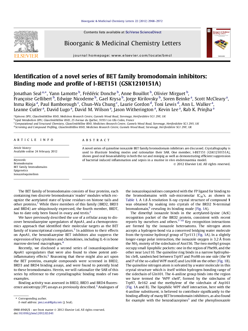 Identification of a novel series of BET family bromodomain inhibitors: Binding mode and profile of I-BET151 (GSK1210151A)