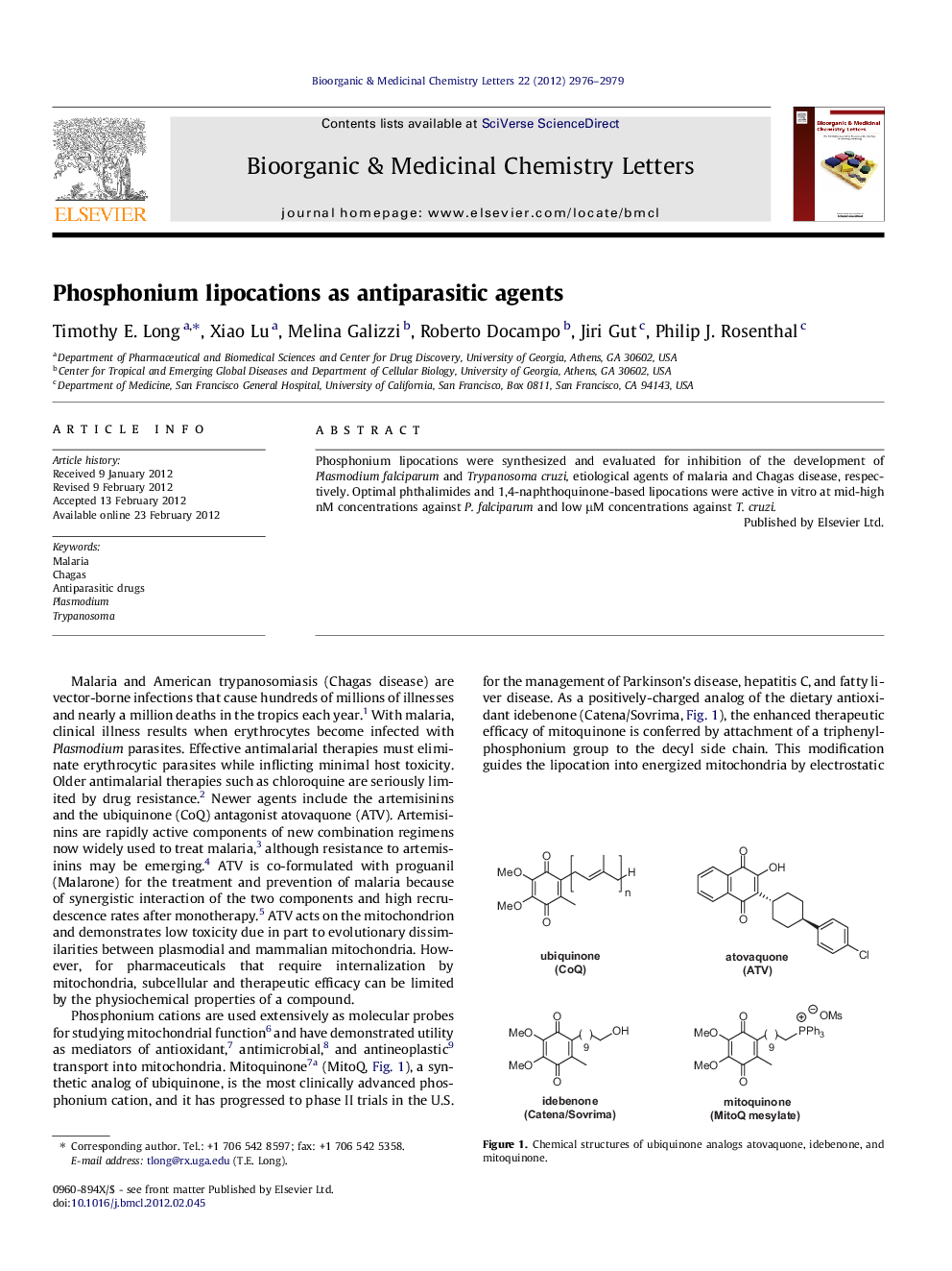 Phosphonium lipocations as antiparasitic agents