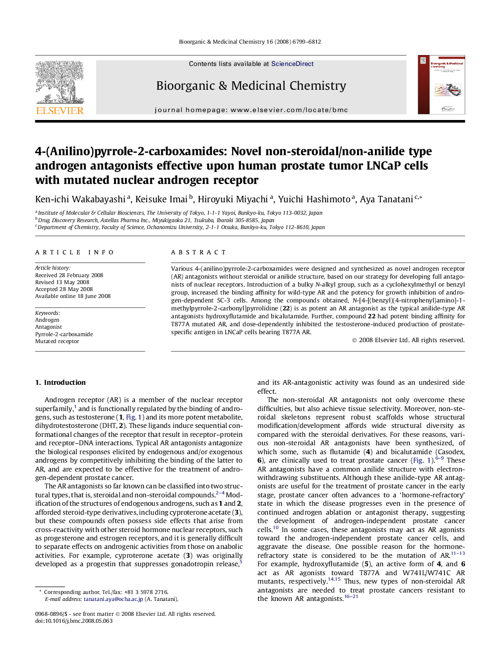 4-(Anilino)pyrrole-2-carboxamides: Novel non-steroidal/non-anilide type androgen antagonists effective upon human prostate tumor LNCaP cells with mutated nuclear androgen receptor