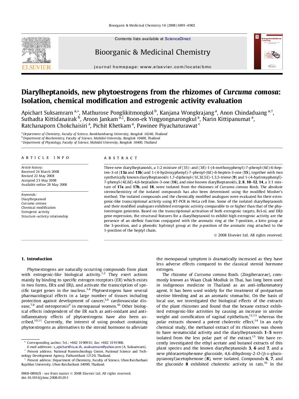 Diarylheptanoids, new phytoestrogens from the rhizomes of Curcuma comosa: Isolation, chemical modification and estrogenic activity evaluation