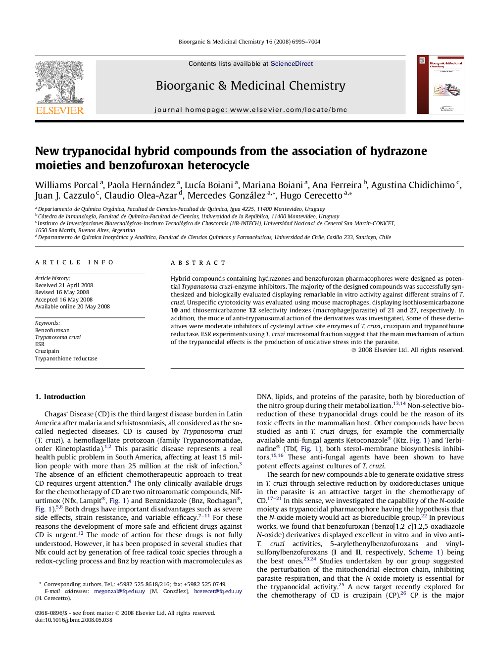 New trypanocidal hybrid compounds from the association of hydrazone moieties and benzofuroxan heterocycle