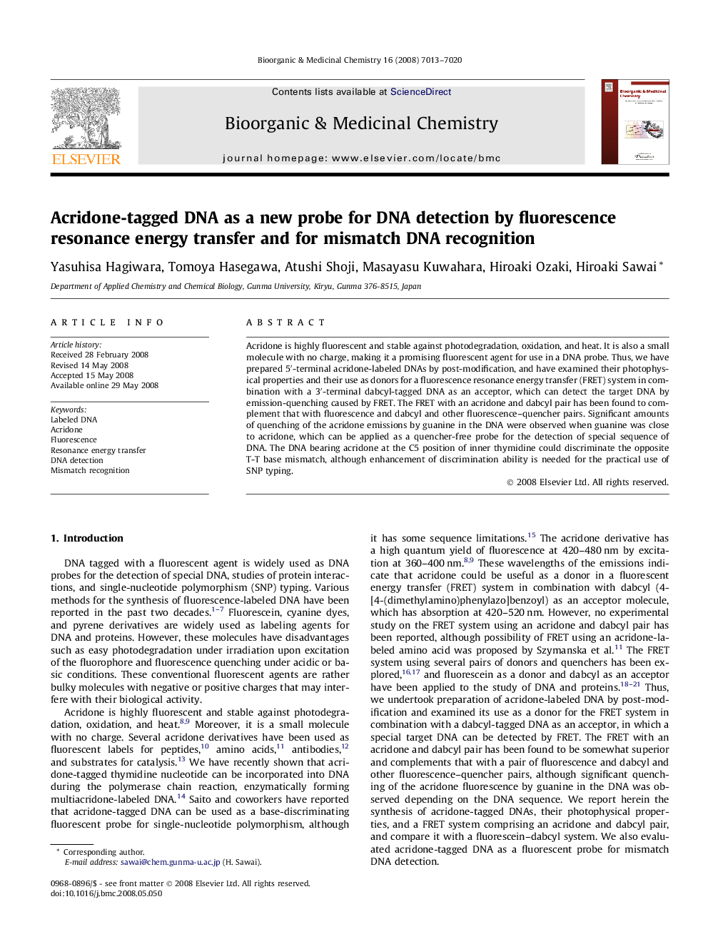 Acridone-tagged DNA as a new probe for DNA detection by fluorescence resonance energy transfer and for mismatch DNA recognition