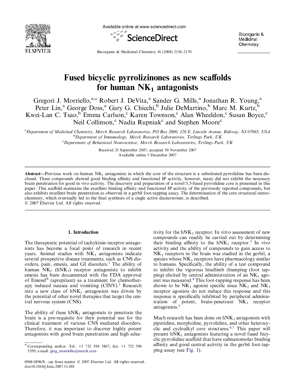 Fused bicyclic pyrrolizinones as new scaffolds for human NK1 antagonists