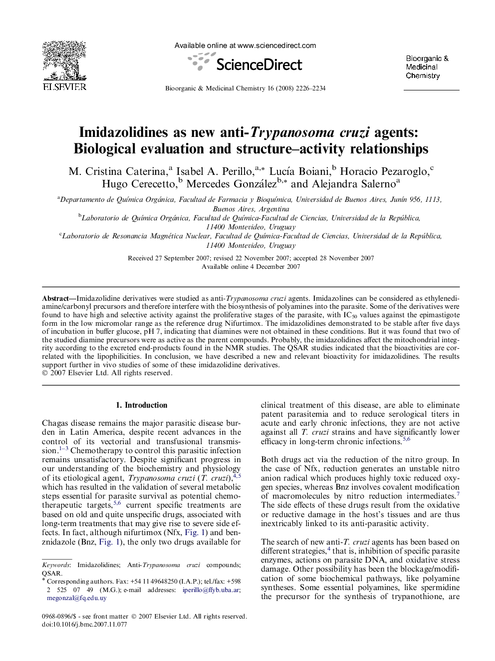 Imidazolidines as new anti-Trypanosoma cruzi agents: Biological evaluation and structure–activity relationships