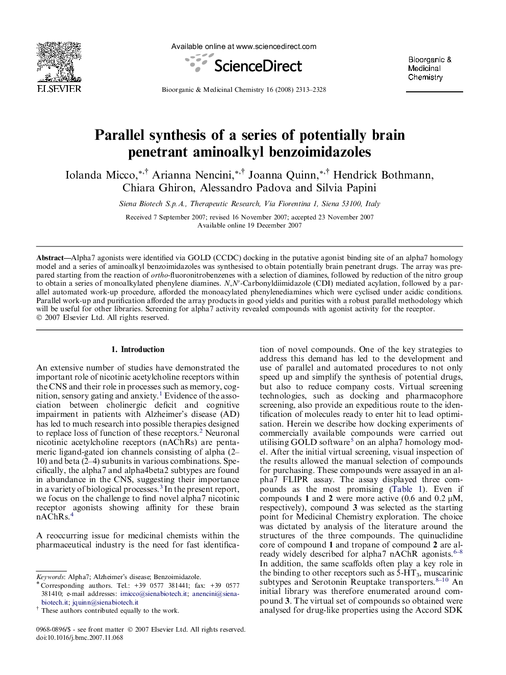 Parallel synthesis of a series of potentially brain penetrant aminoalkyl benzoimidazoles