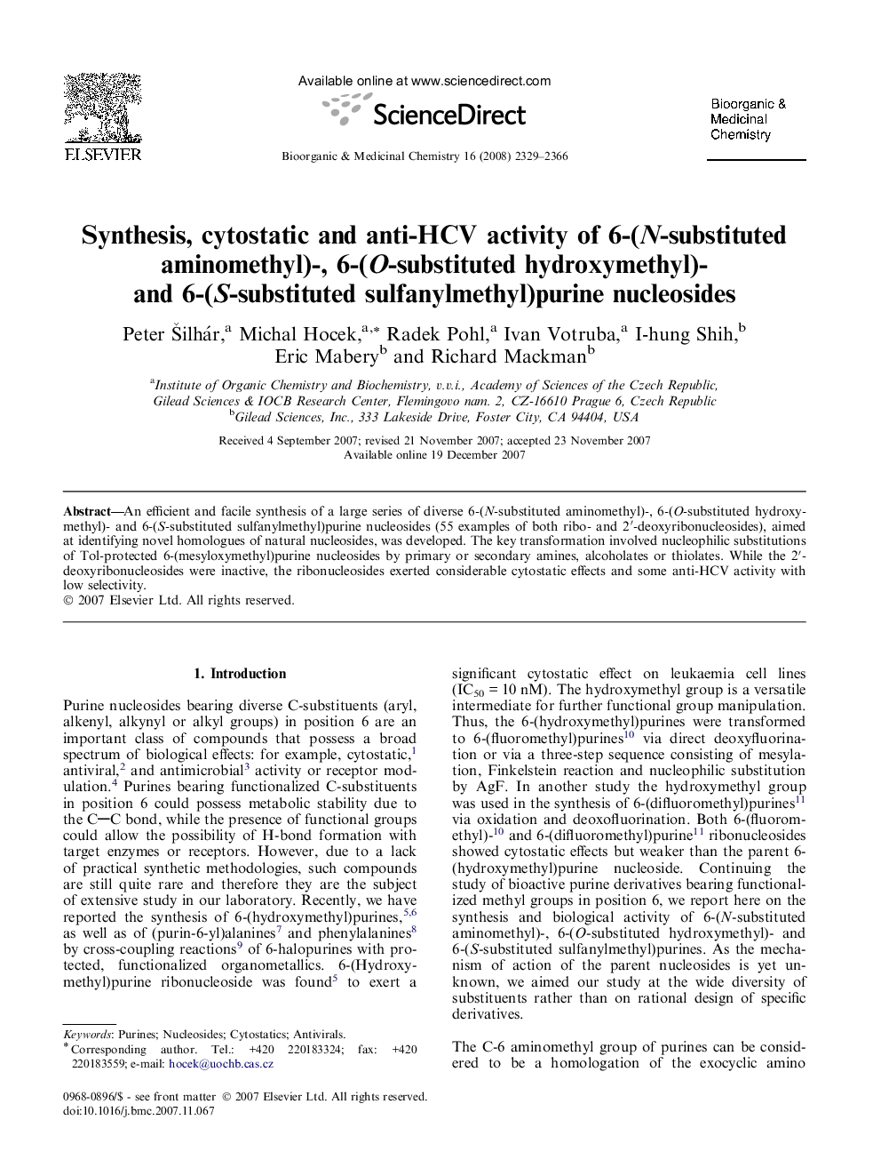 Synthesis, cytostatic and anti-HCV activity of 6-(N-substituted aminomethyl)-, 6-(O-substituted hydroxymethyl)- and 6-(S-substituted sulfanylmethyl)purine nucleosides