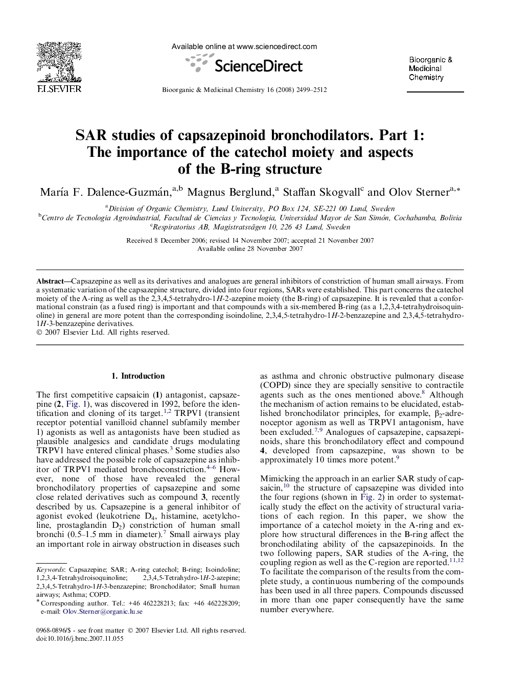 SAR studies of capsazepinoid bronchodilators. Part 1: The importance of the catechol moiety and aspects of the B-ring structure