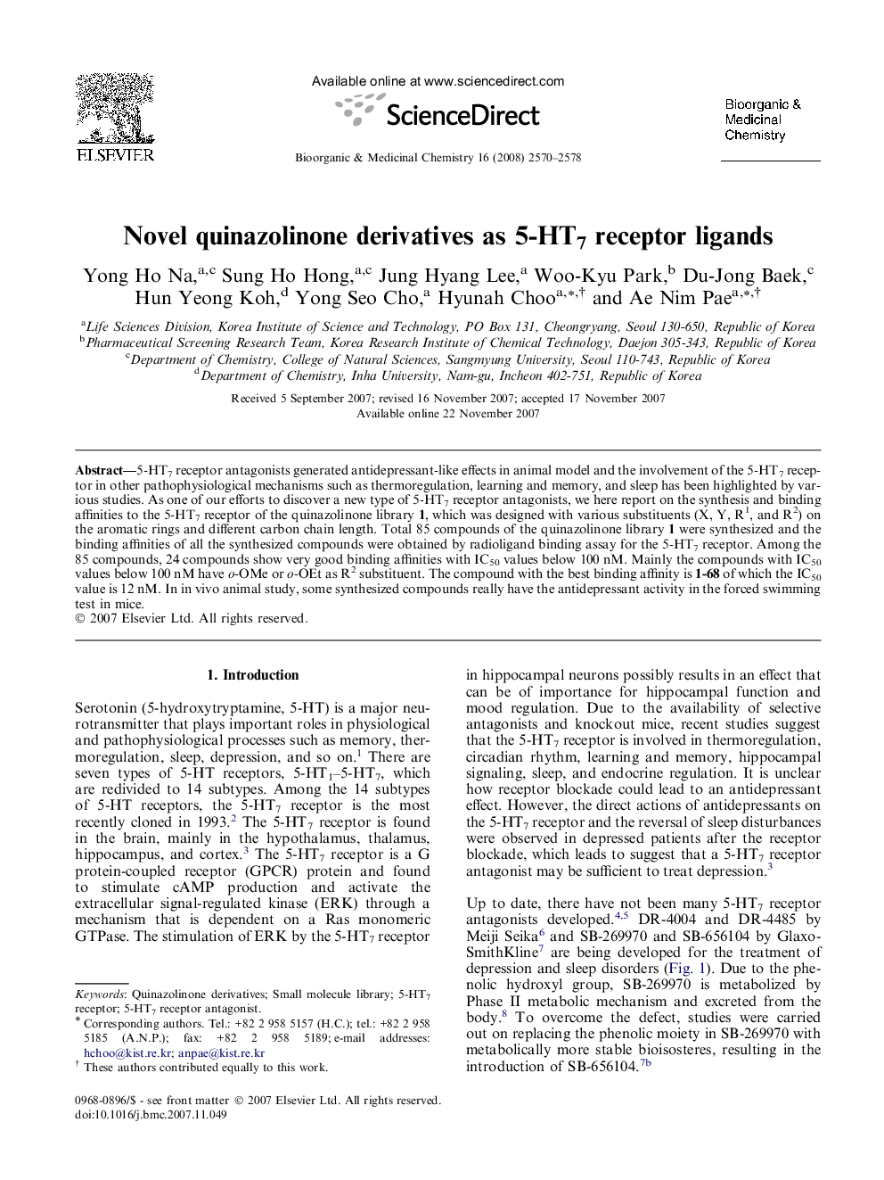 Novel quinazolinone derivatives as 5-HT7 receptor ligands