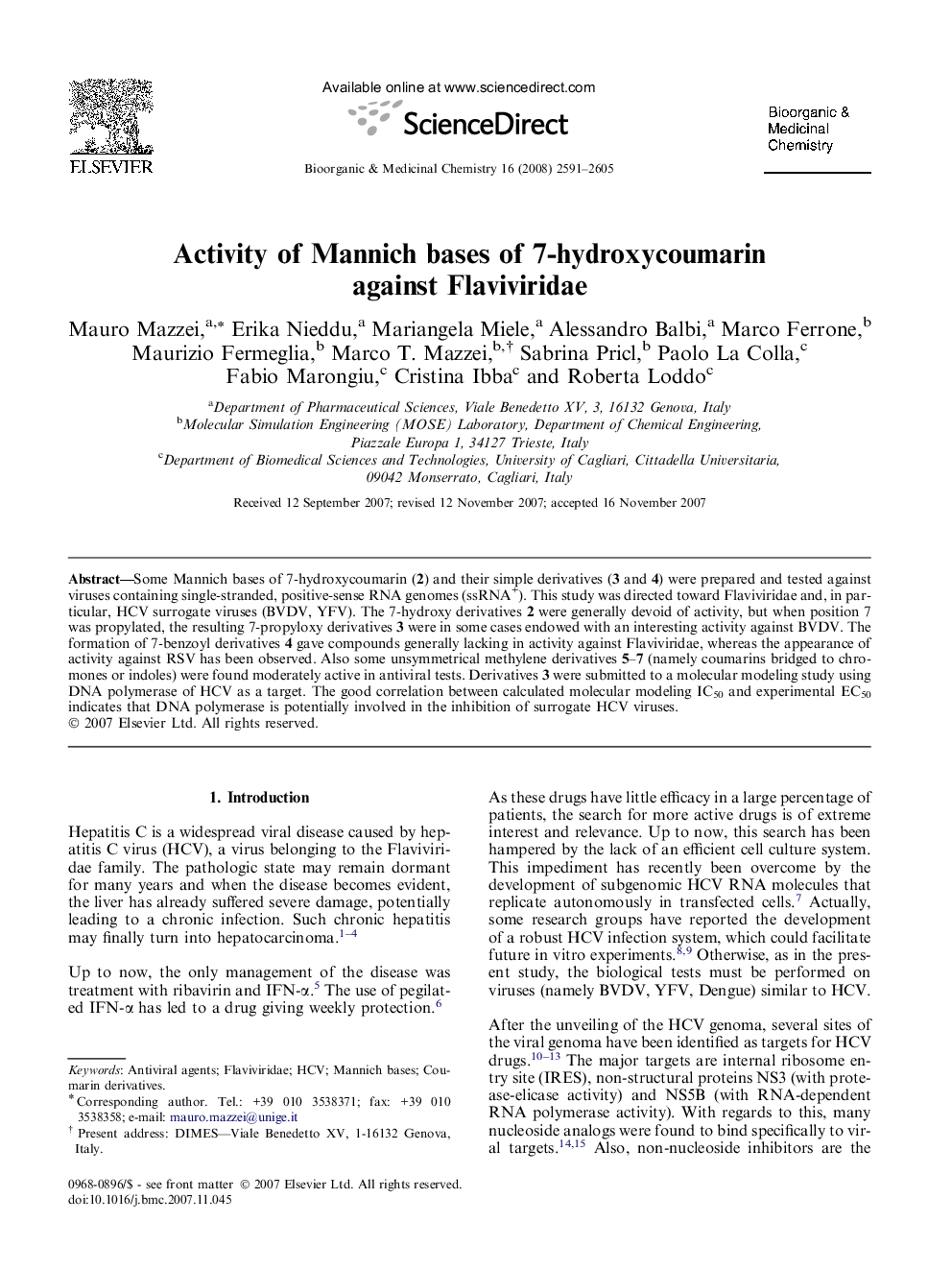 Activity of Mannich bases of 7-hydroxycoumarin against Flaviviridae