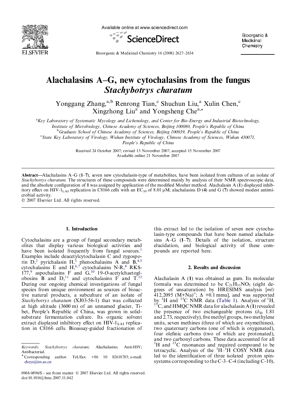 Alachalasins A–G, new cytochalasins from the fungus Stachybotrys charatum