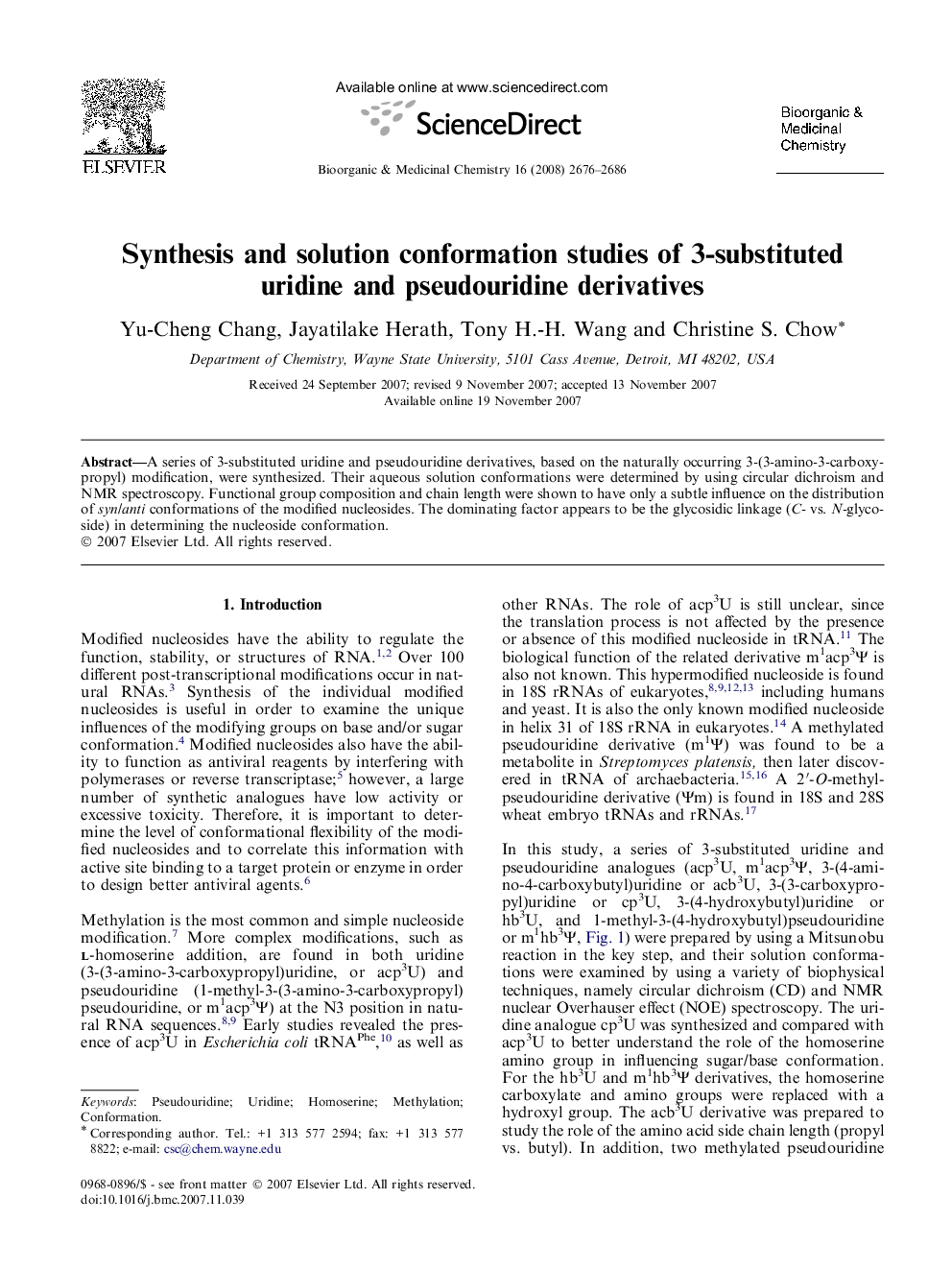 Synthesis and solution conformation studies of 3-substituted uridine and pseudouridine derivatives