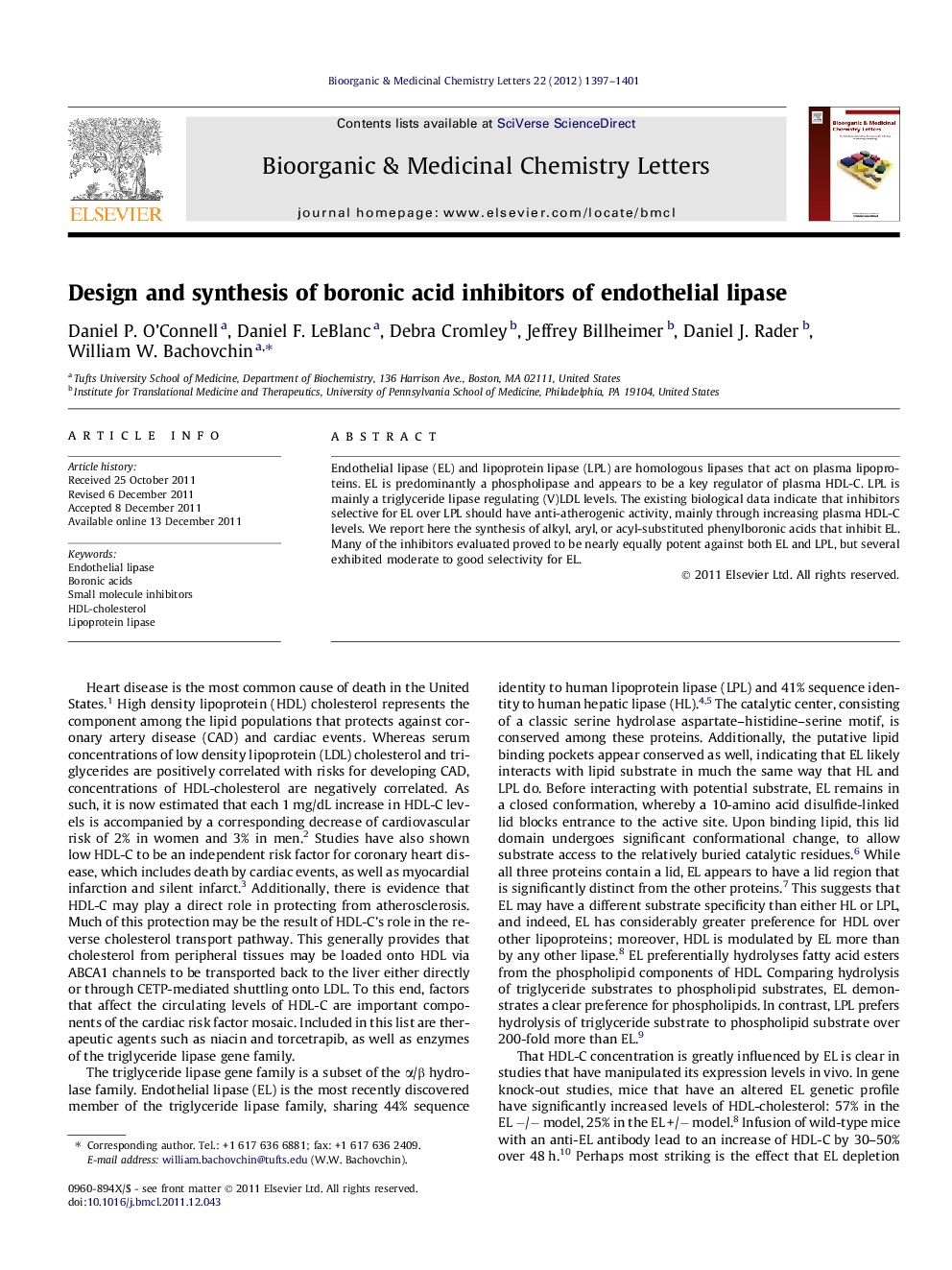 Design and synthesis of boronic acid inhibitors of endothelial lipase