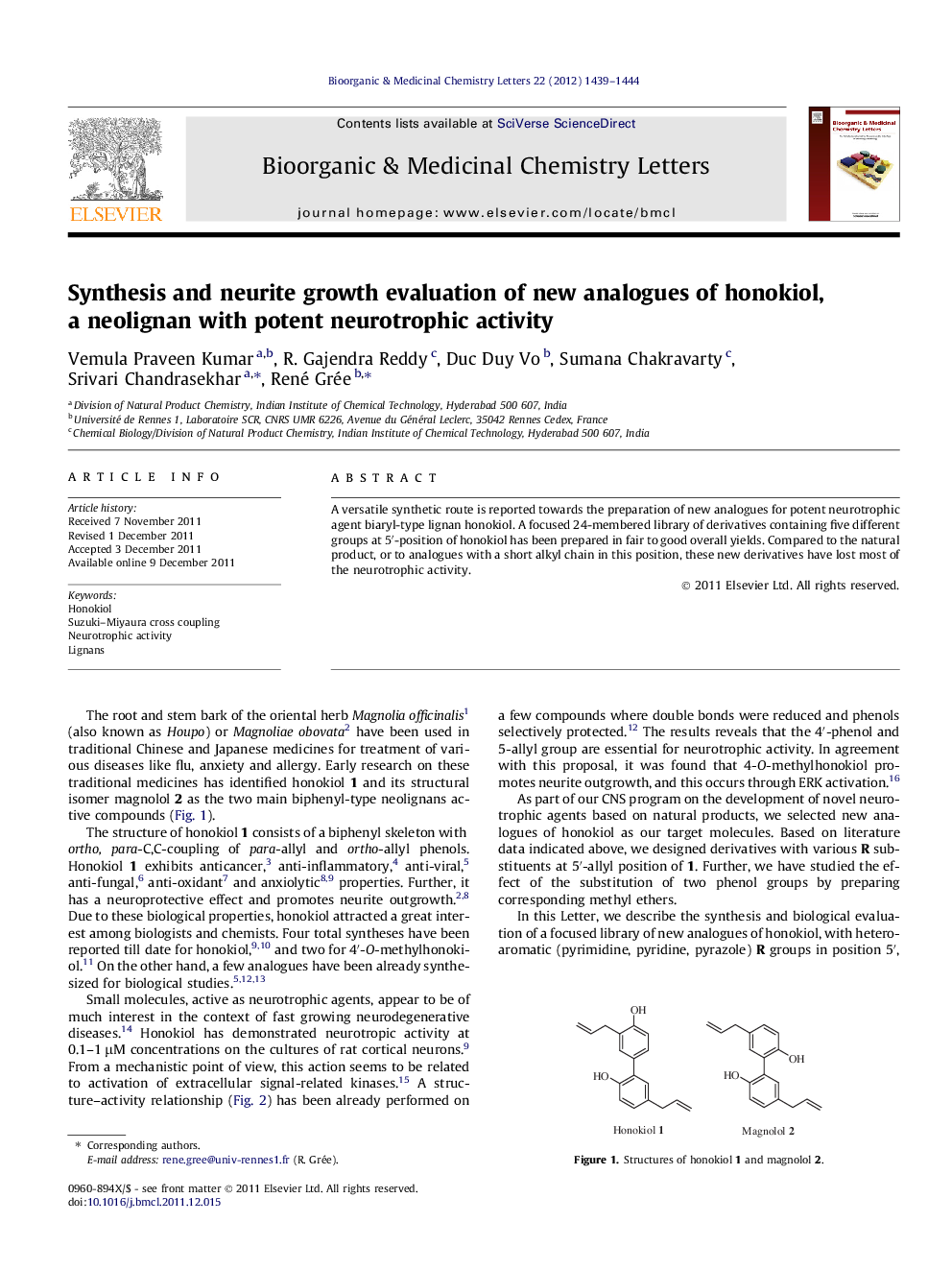 Synthesis and neurite growth evaluation of new analogues of honokiol, a neolignan with potent neurotrophic activity