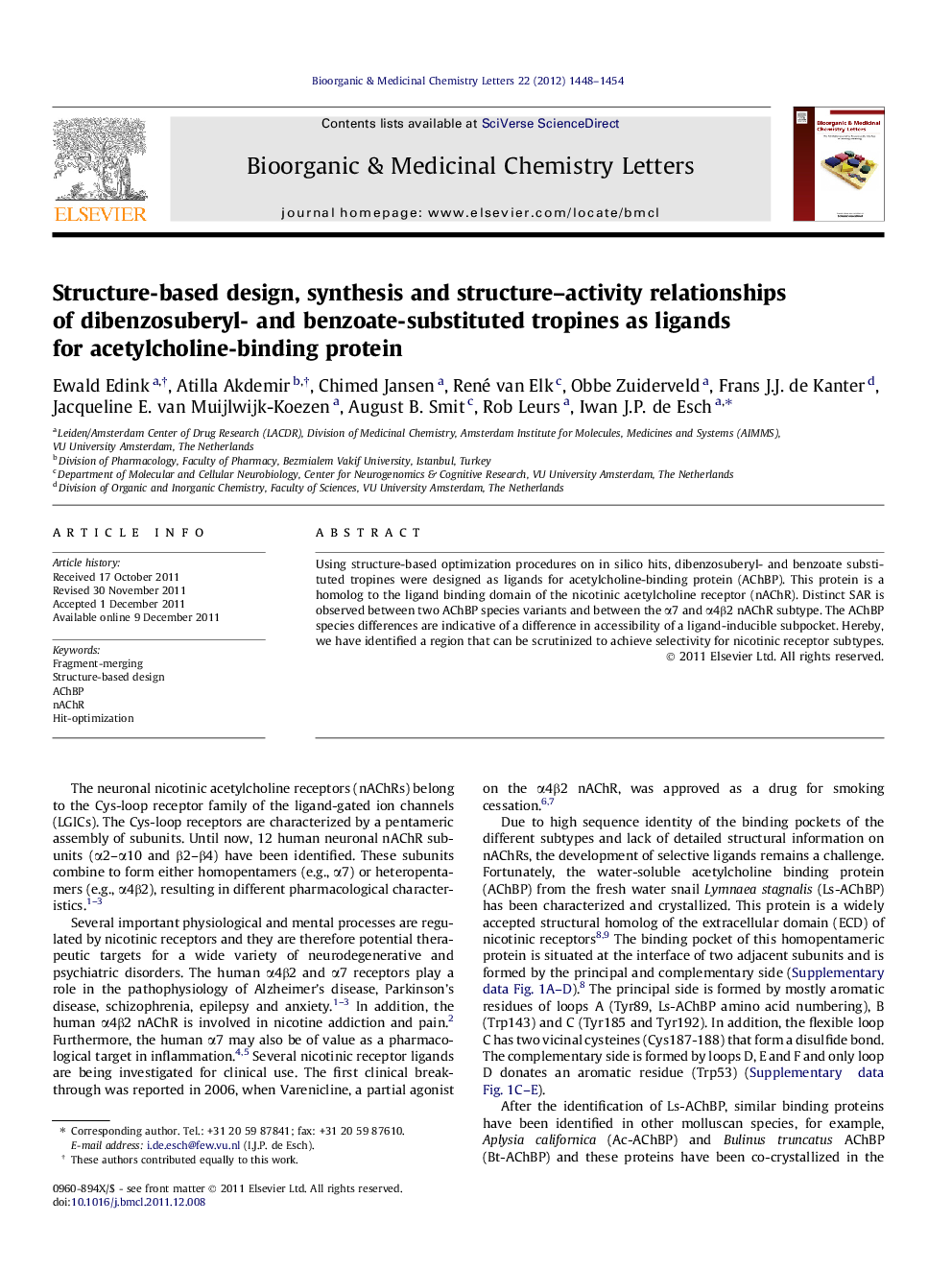 Structure-based design, synthesis and structure–activity relationships of dibenzosuberyl- and benzoate-substituted tropines as ligands for acetylcholine-binding protein