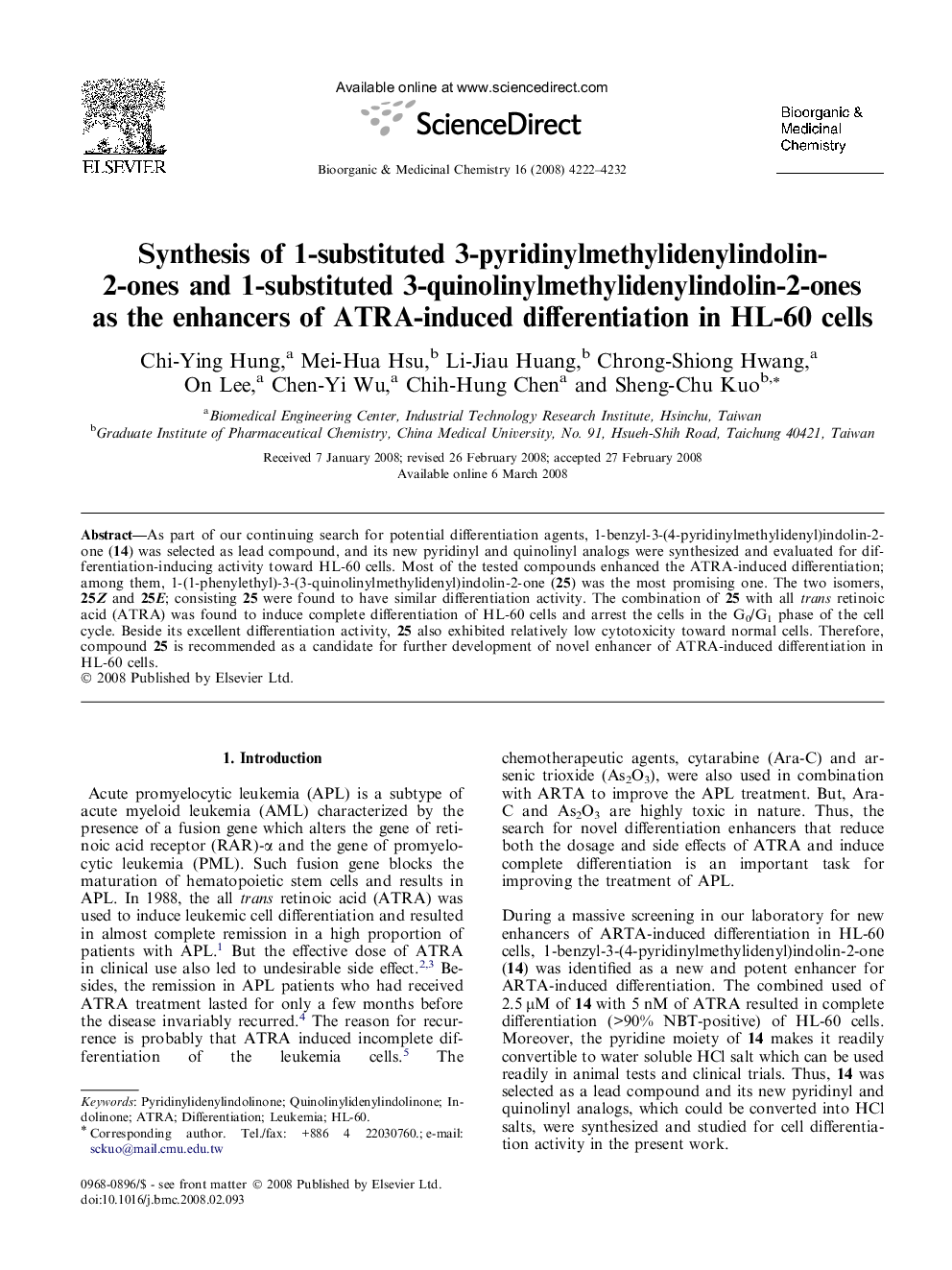 Synthesis of 1-substituted 3-pyridinylmethylidenylindolin-2-ones and 1-substituted 3-quinolinylmethylidenylindolin-2-ones as the enhancers of ATRA-induced differentiation in HL-60 cells