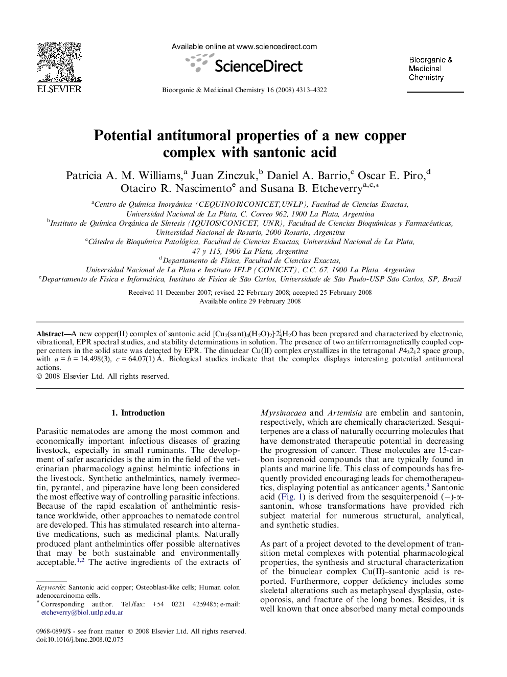 Potential antitumoral properties of a new copper complex with santonic acid