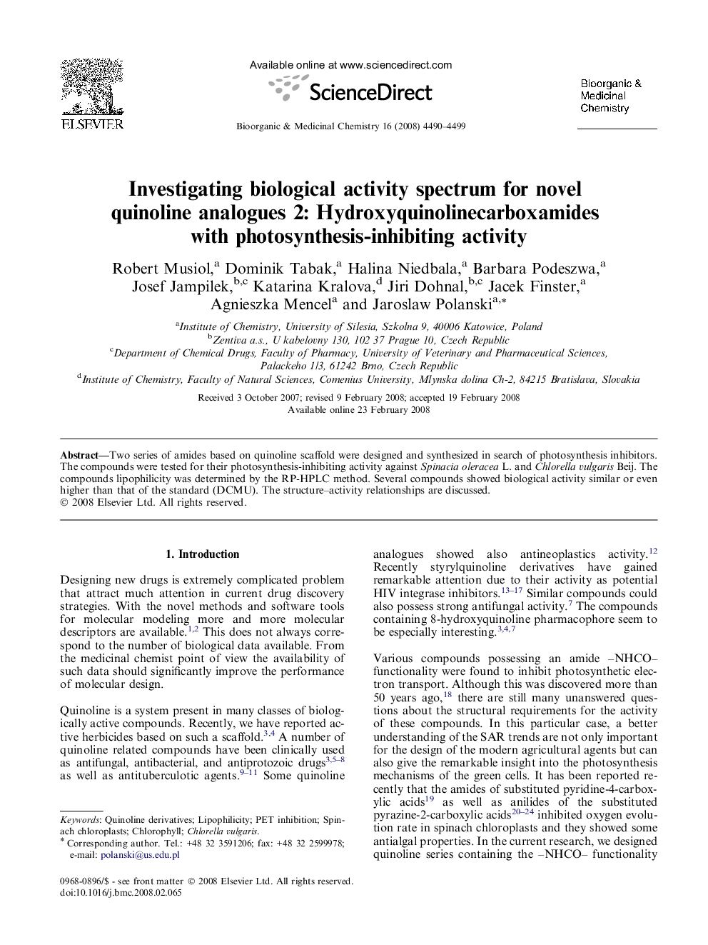 Investigating biological activity spectrum for novel quinoline analogues 2: Hydroxyquinolinecarboxamides with photosynthesis-inhibiting activity